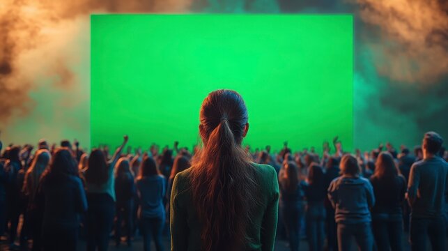 Watching a green screen amid crowd, with diffused light effects and a central focus