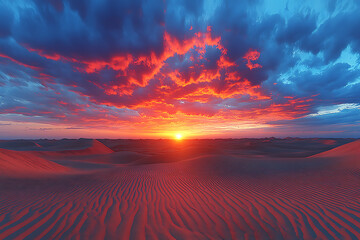 Fiery desert sunset with textured sand dunes and dramatic cloudy sky revealing golden horizon and warm sunlight
