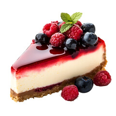 creamy cheesecake slice topped with fresh strawberries and mint leaves