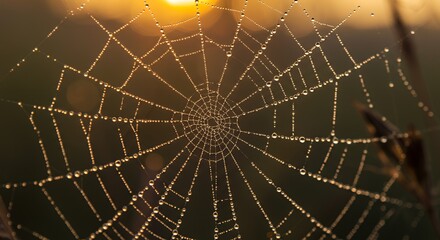 Fototapeta premium Spiderweb with Dew at Sunrise