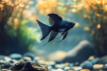 Elegant black fish swims in aquascape