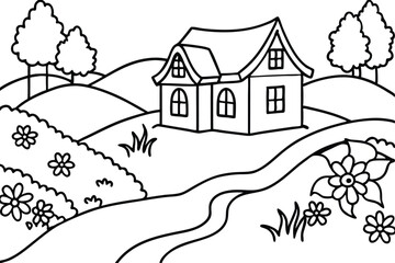 Fototapeta premium A simplistic outlined house sits atop a hill amidst floral landscapes and trees