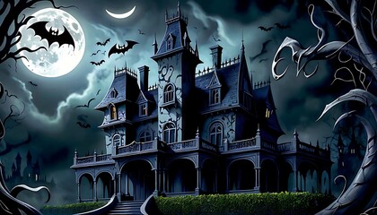 halloween pumpkin  and scary castle with bats background