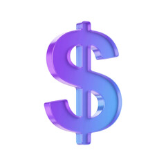 3D dollar sign icon with purple and blue gradients isolated on a transparent background. Money and finance symbol, currency, income, payment, banking, or economic concept.