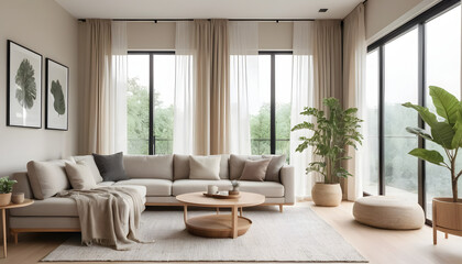 Relaxing modern living room design contemporary home interior decor cozy atmosphere wide angle view aesthetic appeal