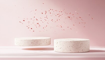 Floating, circular, light gray stone podiums against a soft pink background.