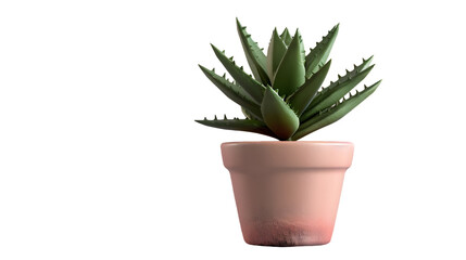 Close up of a small aloe vera plant in a light pink pot against a transparent isolated background studio shot