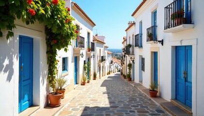 Historic whitewashed Andalusian village, cobbled streets , sightseeing, streets