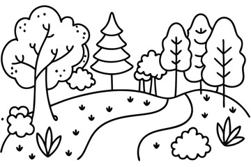 A winding path leads through a forest with various trees and bushes