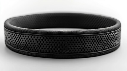 Black tactical belt.  Features a circular design, textured surface, and perforated panel