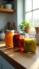 Assorted jars of colorful homemade preserves in sunlit kitchen.