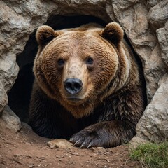 A brown bear hibernating in a cave, isolated on white background