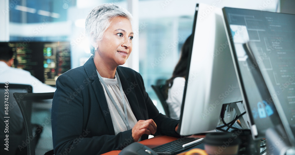 Leinwandbilder Business, computer screen and woman with night, programming and problem solving. Mature person, employee and coder with coworking, expert or specialist with cyber security, evening or software update