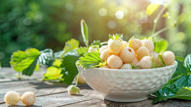 white strawberries in a white bowl on the table. Selective focus