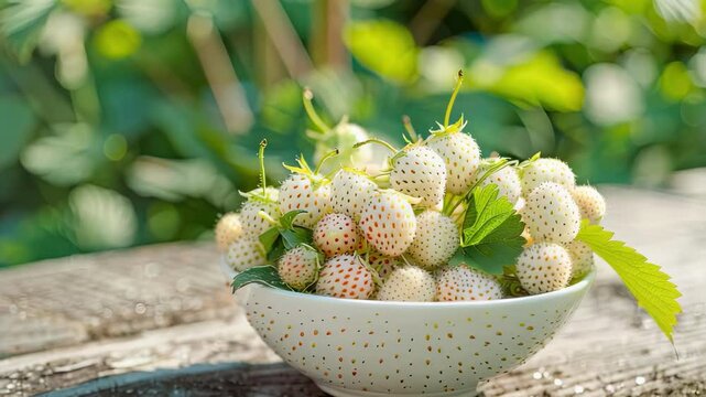 white strawberries in a white bowl on the table. Selective focus