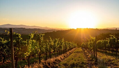 Fototapeta premium Vineyard Sunset Landscape With Golden Light