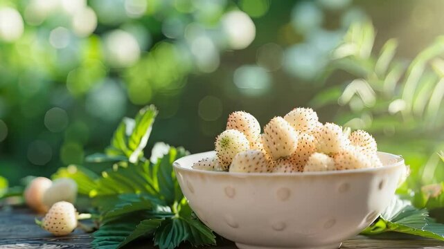 white strawberries in a white bowl on the table. Selective focus