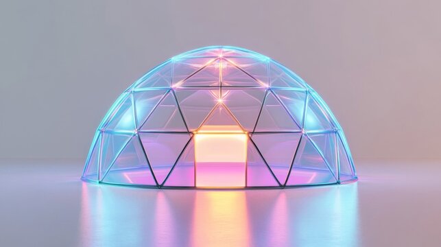 Glowing Glass Dome Structure with Neon Lights