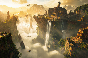 Fototapeta premium Epic Fantasy Landscape with Floating Ancient Temples, Waterfalls, Flying Creatures, and Dramatic Cloud Valley at Sunset