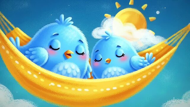 Cartoon Two Blue Birds Sleeping in Yellow Hammock against a Sky Backdrop - Powered by Adobe