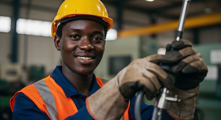 Black male technician adjusting equipment with gloves and hard hat
