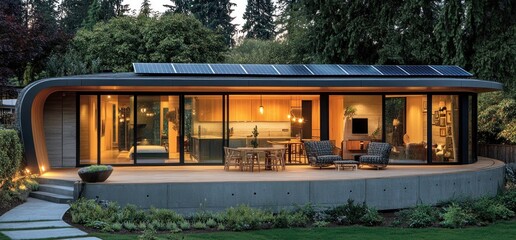 Curved Modern House with Solar Panels and Cozy Interior