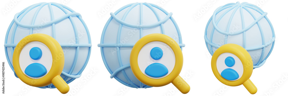 Poster set of global search blue and yellow user profile icons within a magnifying glass on a globe 3d rend