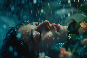A serene portrait of a woman's face as raindrops gently fall, surrounded by blossoms. Generative AI