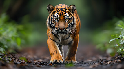 Obraz premium Majestic tiger walking towards camera in forest