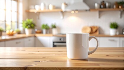 Obraz premium 朝のひととき：木製テーブルの白いマグカップCustom AI Model