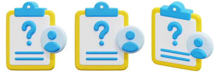Set of 3D Rendered Yellow Clipboards with Blue Question Marks and User Icons 3d Render Icon Illustration