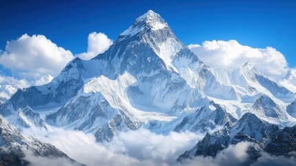 Fototapeta premium Majestic Snow Covered Mountain Peak Soaring Above Clouds Under a Blue Sky