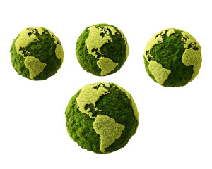 Four Green Moss Globes Depicting World Map on Transparent Background, PNG