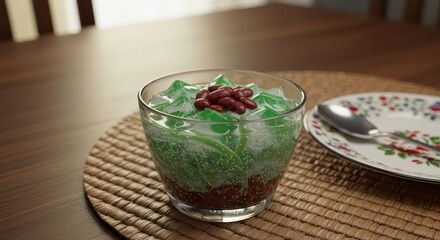 Refreshing green jelly dessert with red bean topping served in a glass bowl on a wooden table with decorative plate and spoon