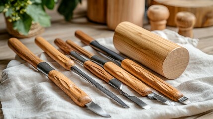 Fototapeta premium Wooden carving tools arranged on a light cloth, showcasing detailed wooden handles and various blade shapes
