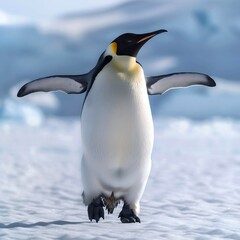 A solitary emperor penguin stands majestically in a snowy landscape, its black and white feathers contrasting with the pristine white snow beneath its feet.