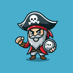 Funny pirate mascot illustration cartoon character vector design for logo adventure treasure sword marine ocean captain skull bandana beard old man outlaw scary villain fantasy hero ship art
