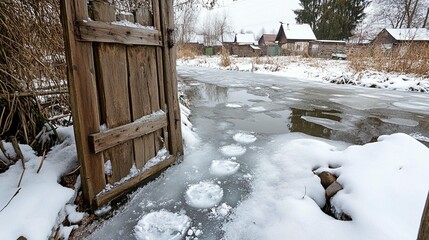 Wooden gate opens onto a frozen pond, footprints in the ice, snow-covered landscape