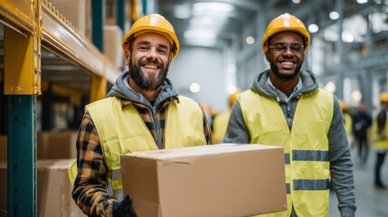 Two warehouse workers in safety vests and helmets passing a cardboard box with smiles in a neatly organized industrial storage facility.