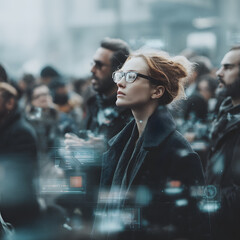 Woman in glasses looking up in a crowd with a futuristic overlay. AI glasses scanning people