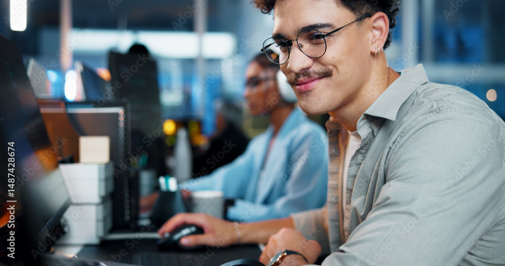 Poster Office, businessman and glasses with computer for coding, web development and smile with confidence. Coworking, night and male programmer with digital for programming, software update and information