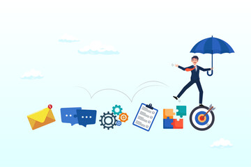 Businessman jump on working skill experience, work experience, skill development or leadership learning, career path motivation, capability or ability to growing in job or project progress concept
