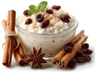 Creamy rice pudding dessert in glass bowl garnished with raisins cinnamon sticks and star anise on white background.