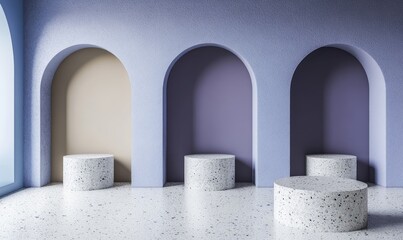 Modern display podiums in a muted color scheme.