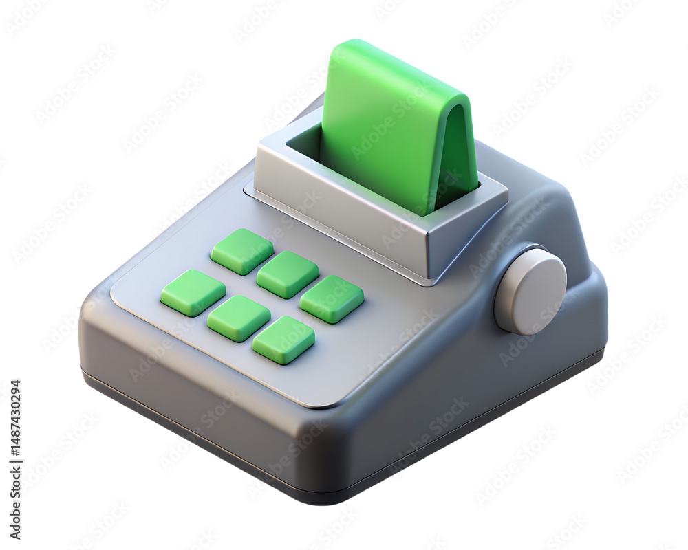 Poster stylish point of sale terminal with green buttons and paper high quality 3d rendering on transparent