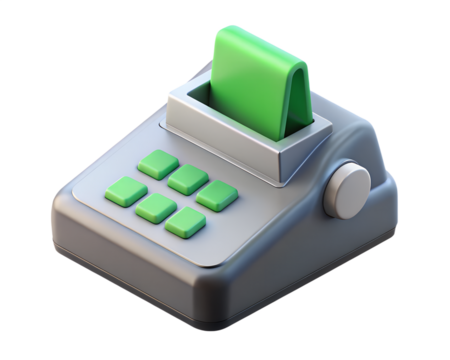 Stylish point of sale terminal with green buttons and paper high quality 3d rendering on transparent background