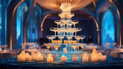 A glowing champagne tower at a radiant gala hosted on a vibrant floating palace, Cinematic theme, HDR, Vibrant