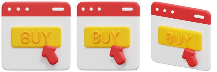 Set of Online Shopping Buy Button Red Yellow White 3d Render Icon Illustration