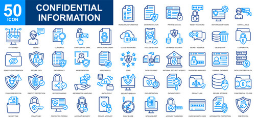 Confidential Information icon set collection. Secret file, Private Data, Personal data, confidentiality, data encryption icon. Simple line color vector.