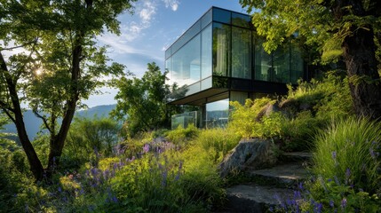 Modern glass house nestled in tranquil landscape surrounded by lush greenery and vibrant flowers against a scenic mountain backdrop in sunny daylight